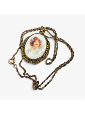 Victorian Portrait Necklace, Porcelain Cameo Pendant, Goldtone Filigree